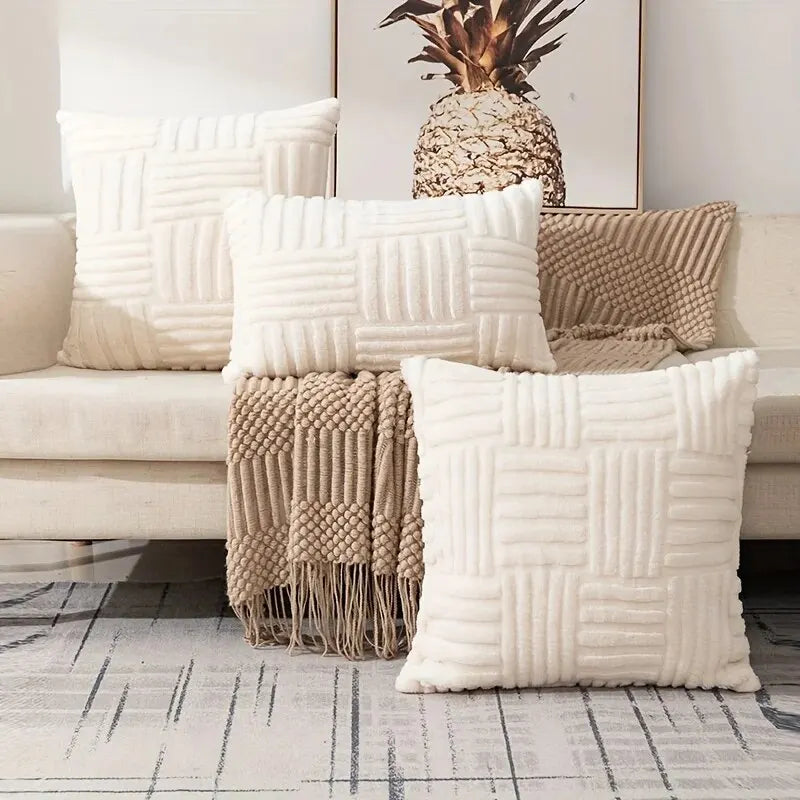 housses coussin peluche géométriques beige gris rose modernes canapé 45x45cm opaques fixées