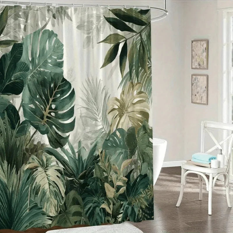 rideau douche feuilles tropicales moderne vert blanc opaque crochet douche grande taille jacquard polyester