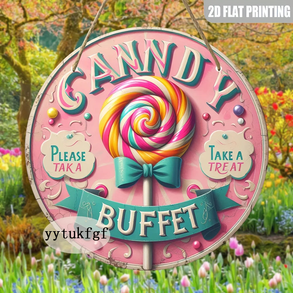 panneau publicitaire bois illustration bonbons colorés candy buffet rétro cordelette inclusion sucreries festive