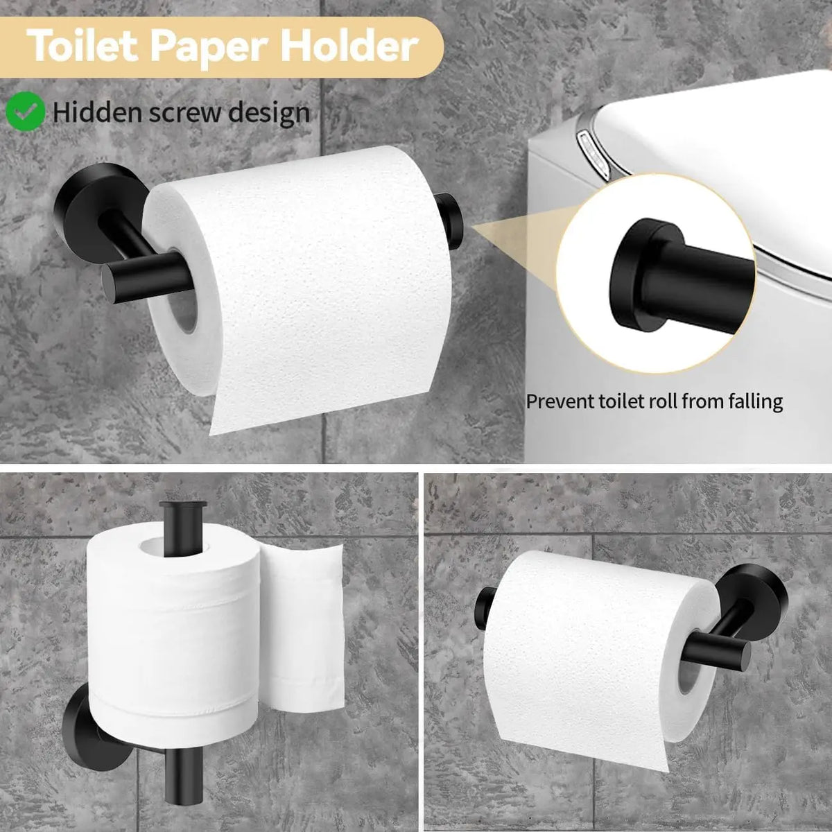 accessoires salle bain noir mat modernes fixés mur barre serviettes anneau papier toilette crochets