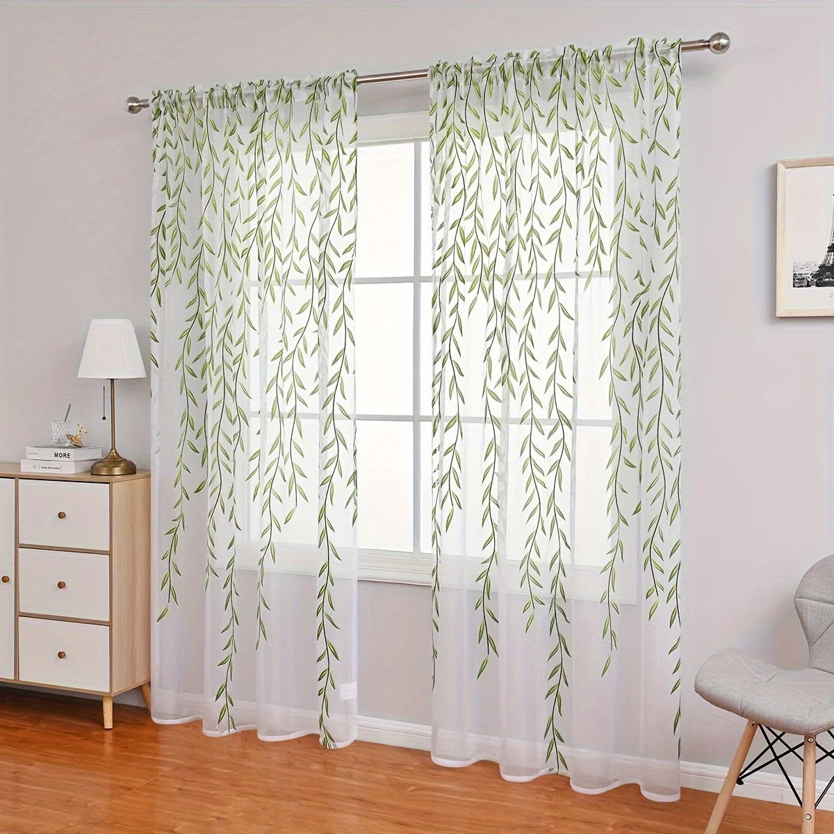 rideau moderne feuilles vertes blancs fenêtre maison 100% polyester deux pièces