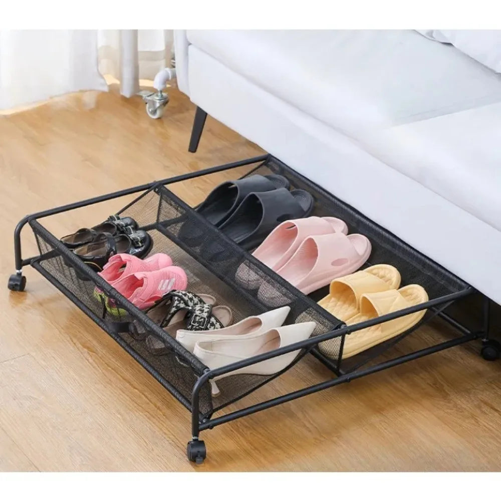 étagère chaussures moderne métal noir roulettes maille opaquet rangement sous lit chambre coucher