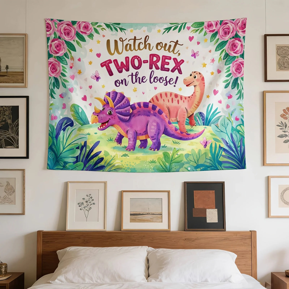tapisserie murale dino dinosaures fleurs chambre enfant illustration colorée moderne polyester multicolore