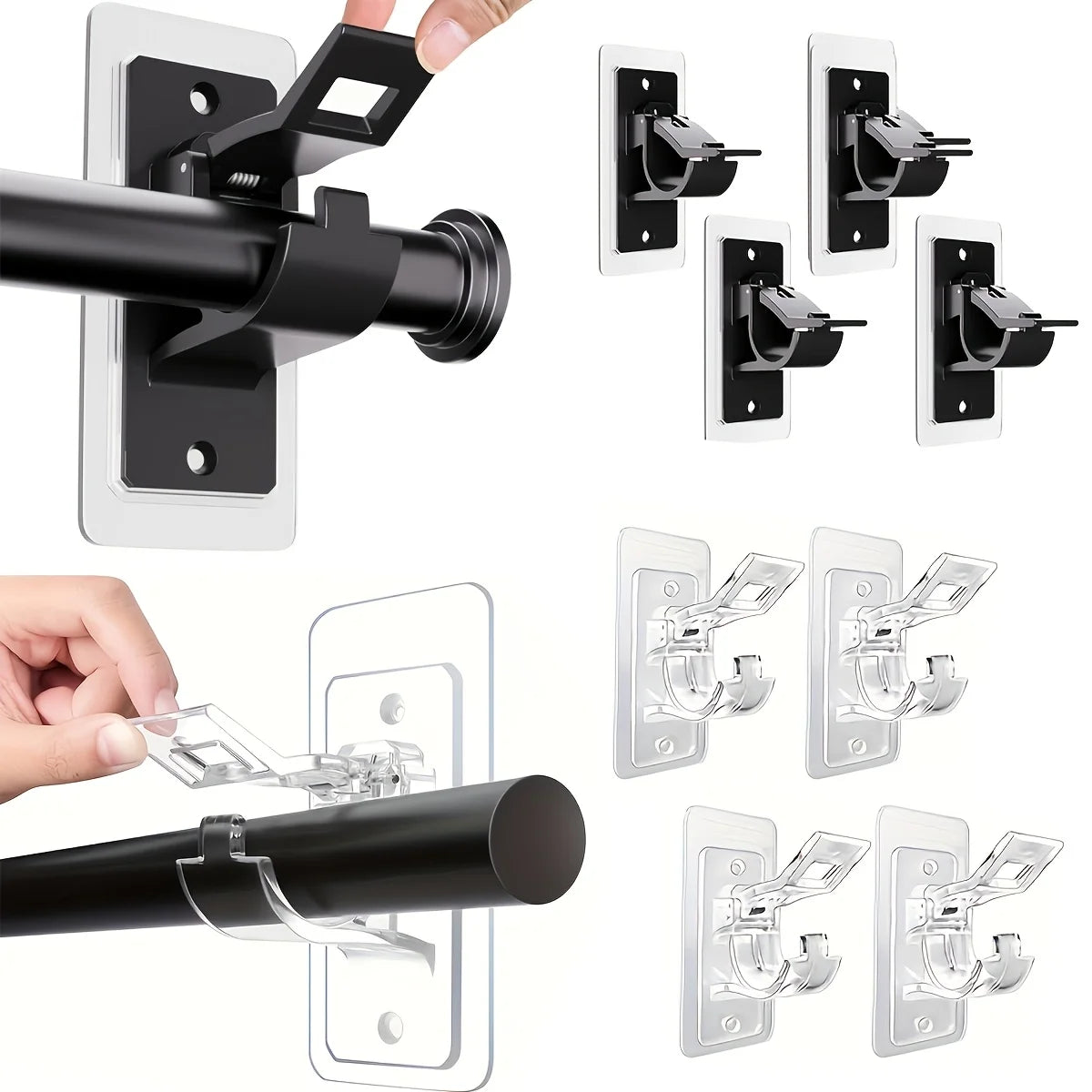 supports murals modernes clips transparents tiges rideaux noirs salle bain chambre coucher