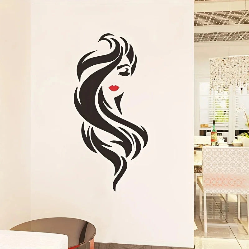 sticker mural art moderne silhouette femme cheveux stylisés noir rouge chambre salle bain pvc