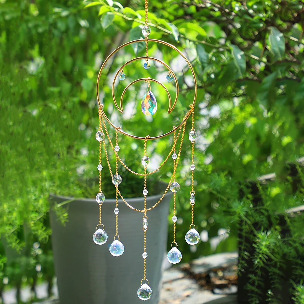 mobile solaire cristal or spirale chaînettes boho chic deco extérieure attrape soleil facettes