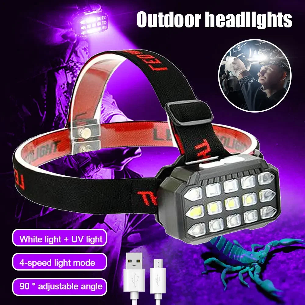 lampe frontale uv led rechargeable violet noir rouge imprime lettres rouges bandeau ajustable cordon
