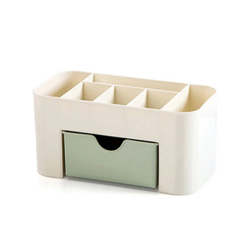 organisateur maquillage tiroirs rangement pinceaux coton pads compartiments modernes minimalistes blanc rose vert pastel