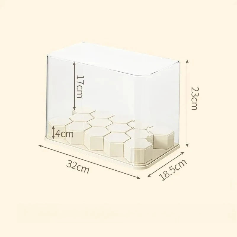 présentoir transparent acrylique vitrine anti poussière bijoux accessoires moderne minimaliste hexagonal figurines pastel transparent