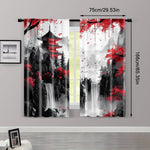 rideau moderne paysage abstrait pagode arbres cascades polyester rouge noir blanc