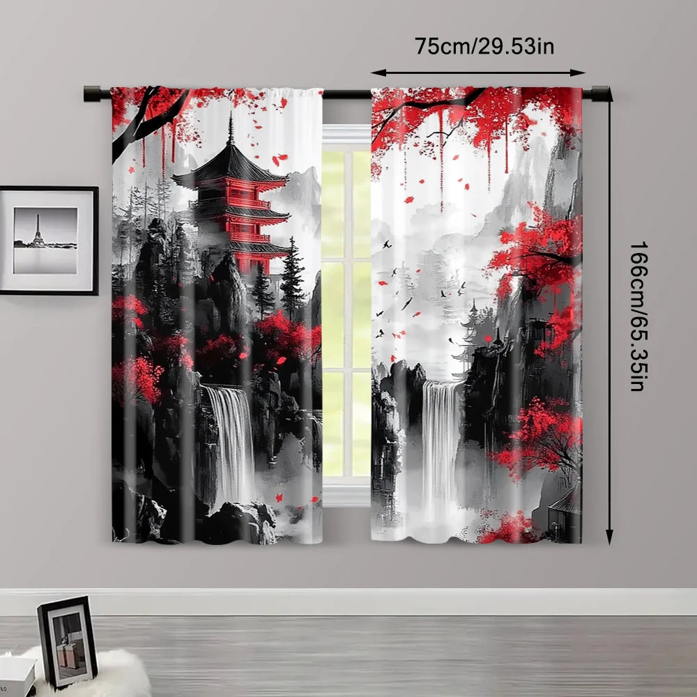 rideau moderne paysage abstrait pagode arbres cascades polyester rouge noir blanc