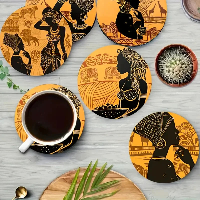 coasters bois orange noir motifs ethniques personnages traditionnels geometriques salon cuisine