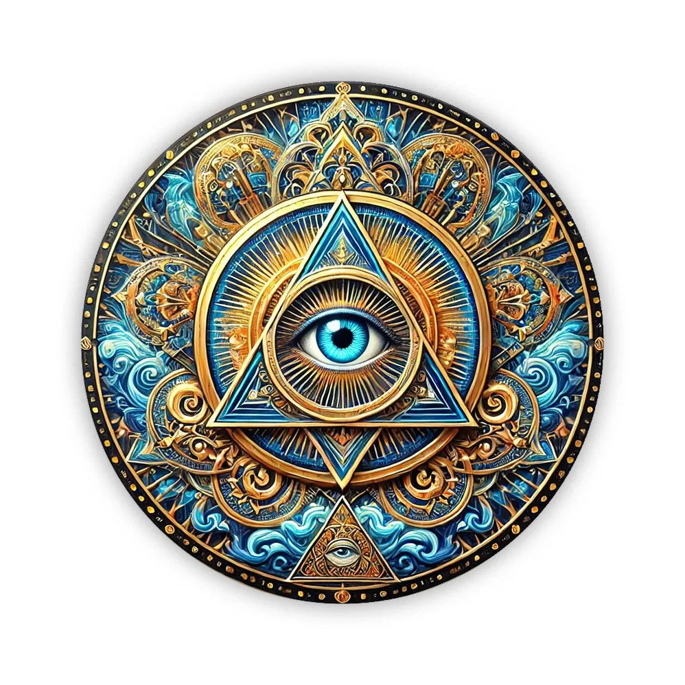 plaque décorative bleu doré moderne oculaire symbole art nouveau mystique aluminium mur rond