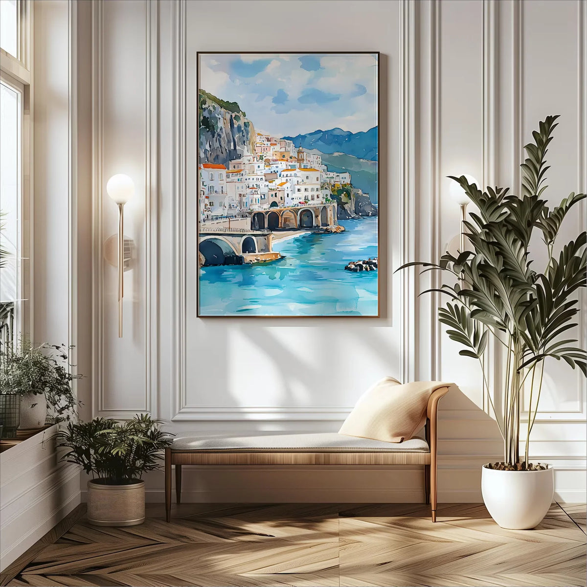 tableau paysage urbain amalfi coast italien bleu blanc vert beige montagnes rivière pont peinture