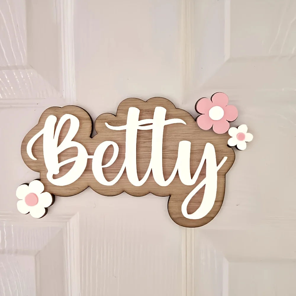 plaque décorative personnalisable bois gravure laser lettres relief fleurs simple moderne couleur naturelle bleuclair