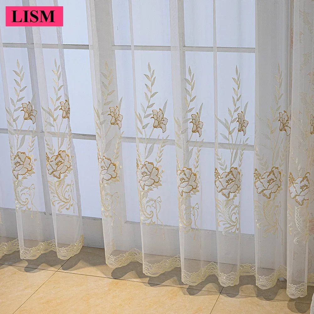 rideau blanc doré fleurs brodées transparent classique anneaux fenêtre salon chambre