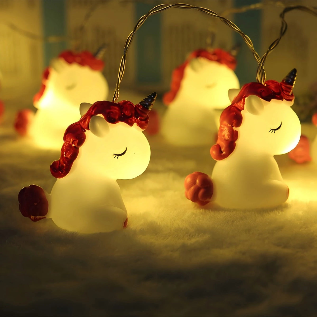 guirlande lumineuse licorne blanc rose noir cornes bleues piles aaa enfantines