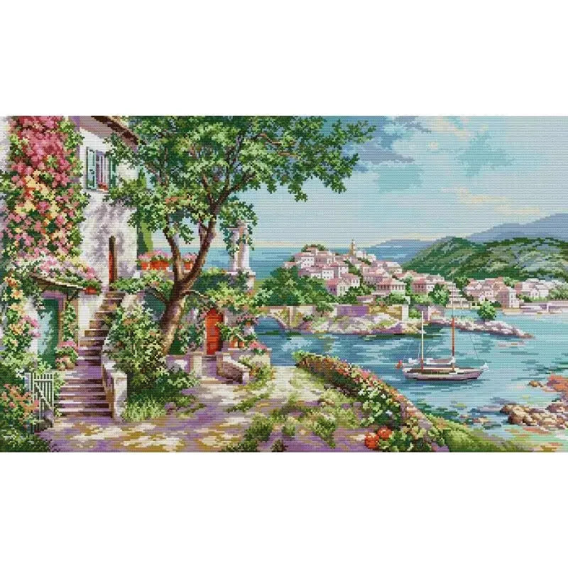 broderie paysage méditerranéen maison port fil coton tissu blanc kit broderie decor