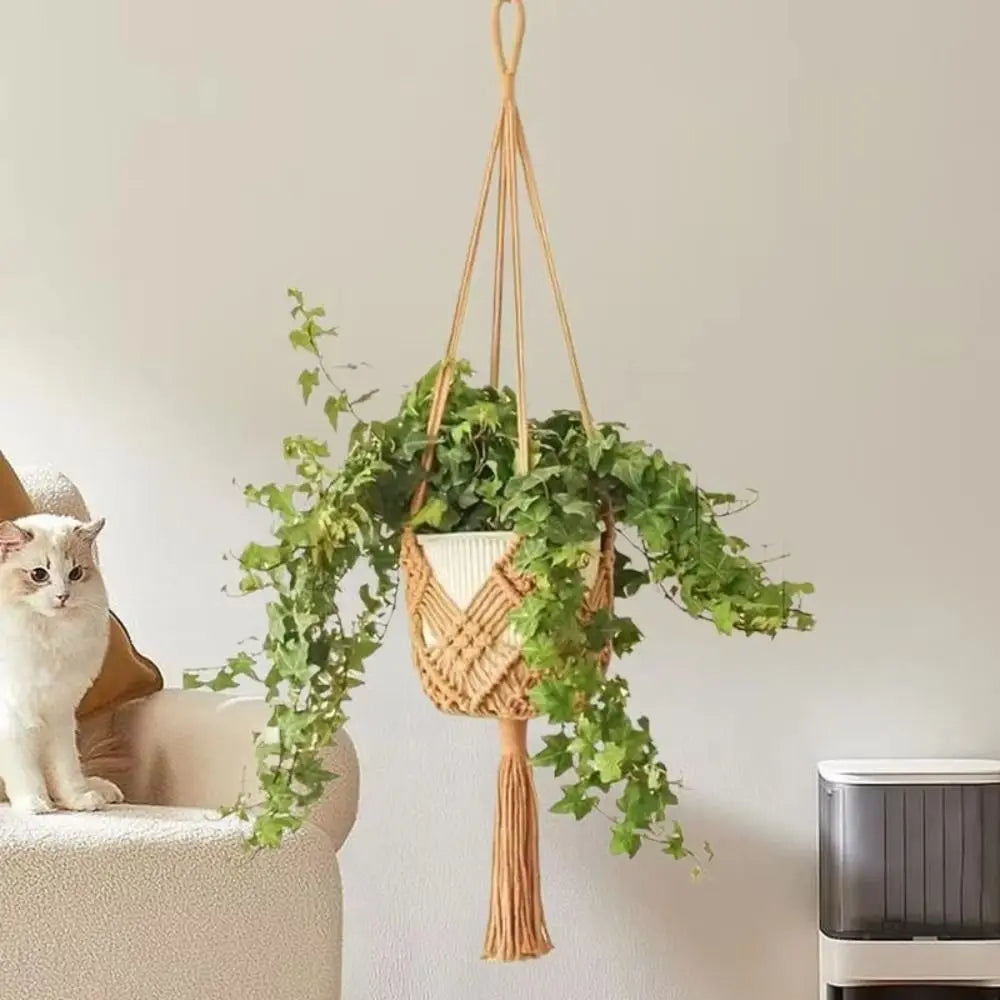 Sac plante suspendu macramé boho beige rose violet artisanal anneaux pot blanc