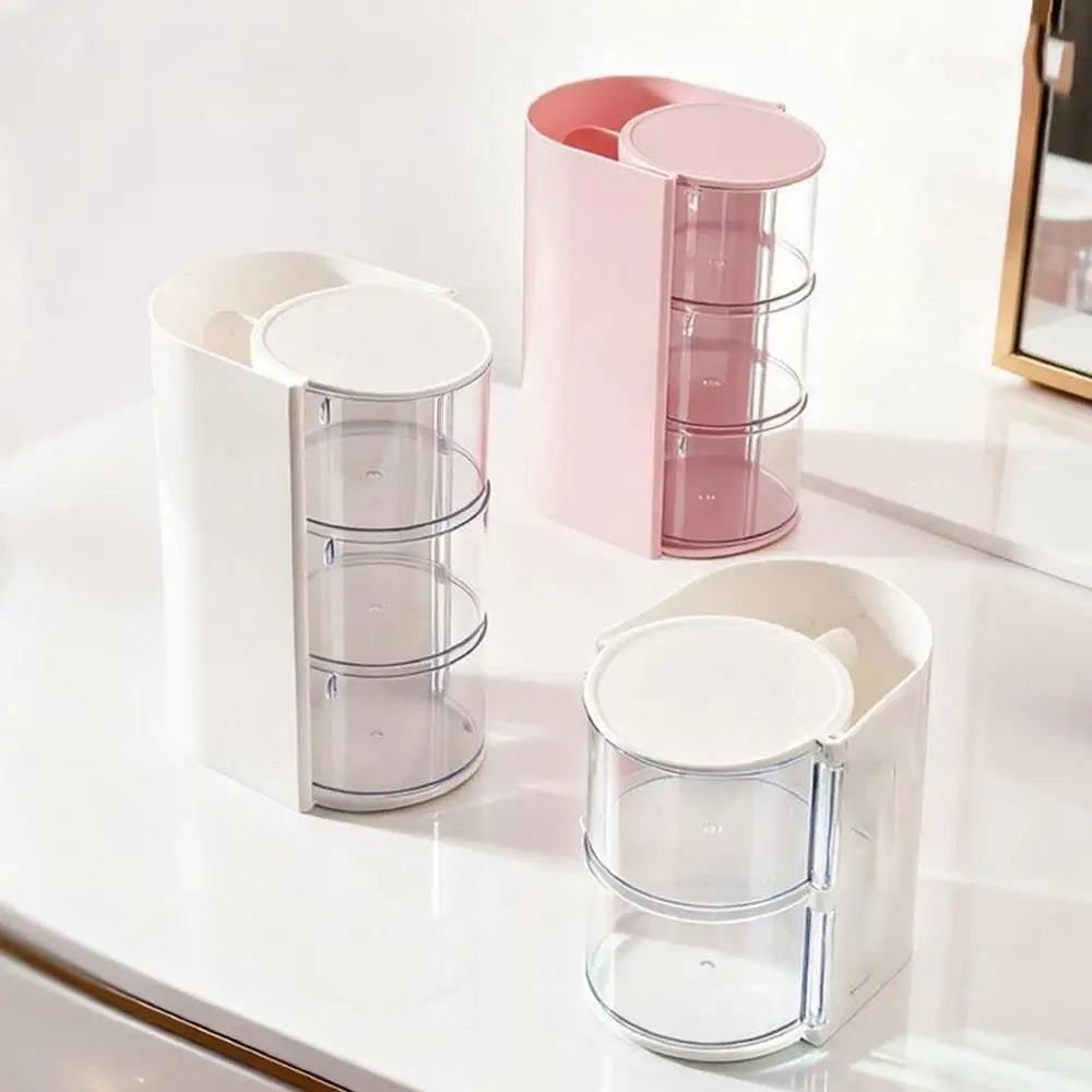 boîte rangement rotative transparente rose blanche poudre éponge peigne pinces maquillage accessoires beauté moderne