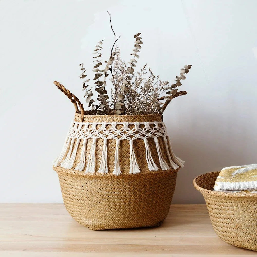 panier tressé macramé naturel blanc boho rangement stockage respectueux environnement franges poignées corde