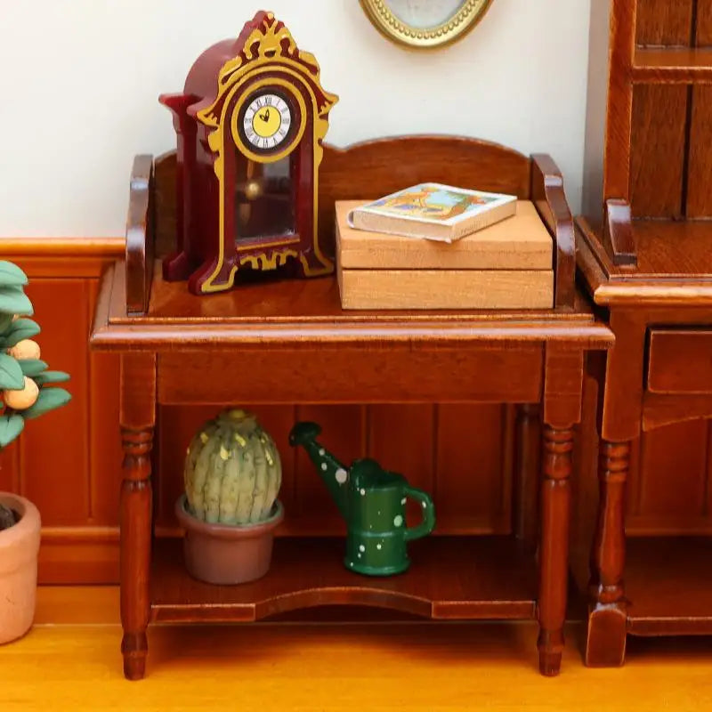 table toilette miniature 1/12 bois marron clair classique horloge livre cactus arrosoir