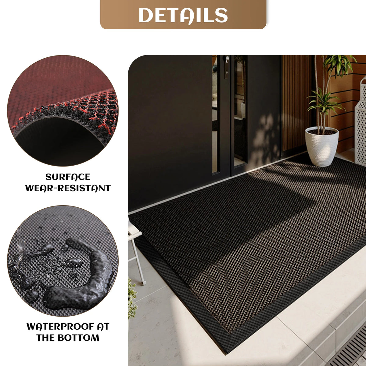 tapis sol antidérapant moderne noir marron bordure texturée structure tridimensionnelle minimaliste entrée porche
