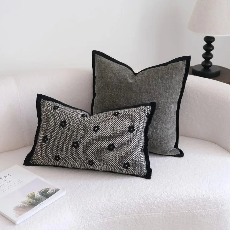 housse coussin polyester motif fleurs noir fond gris nordic contemporain adhésif décoration maison voiture
