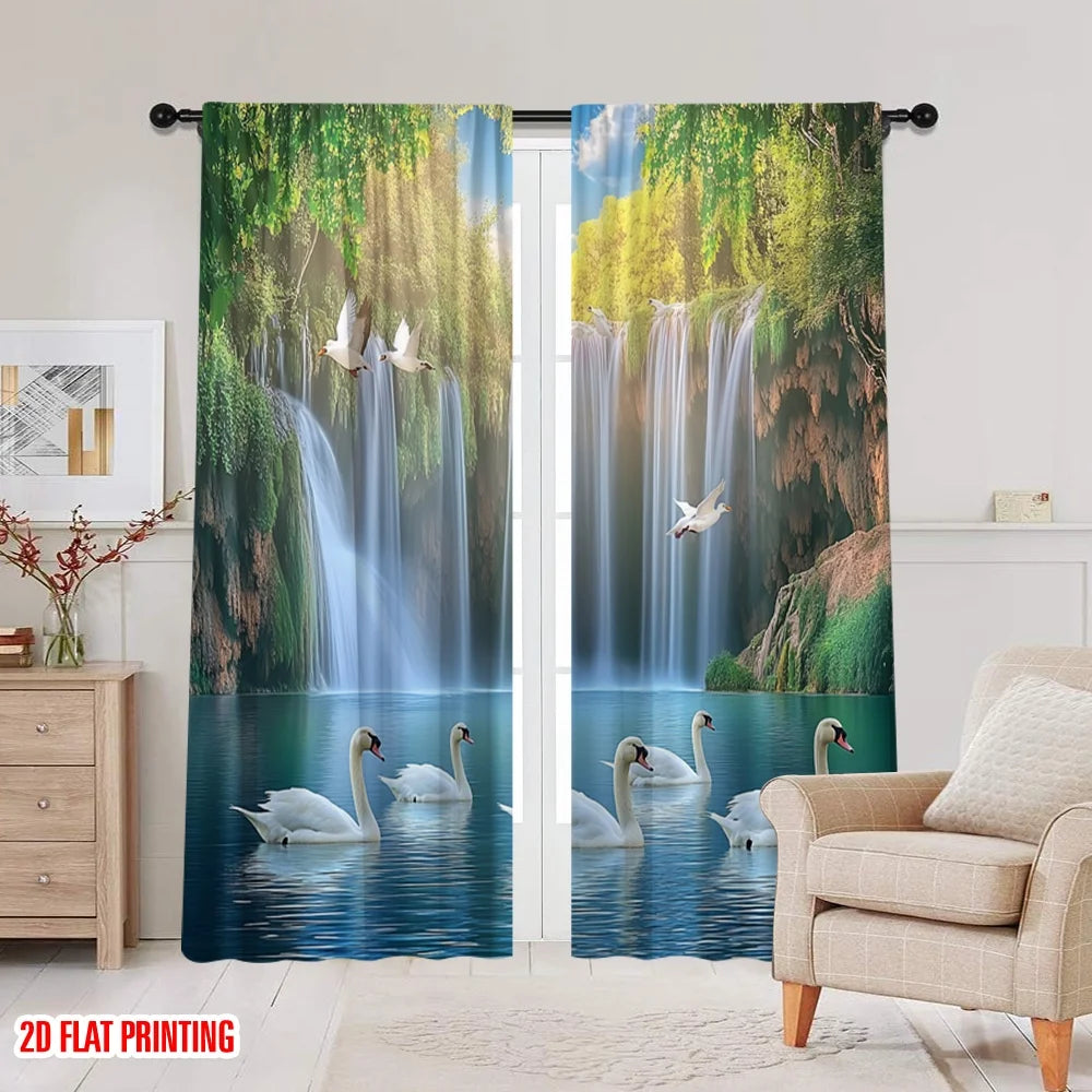 rideau moderne deux pièces paysage cascade oiseaux arbres vert bleu opacité polyester