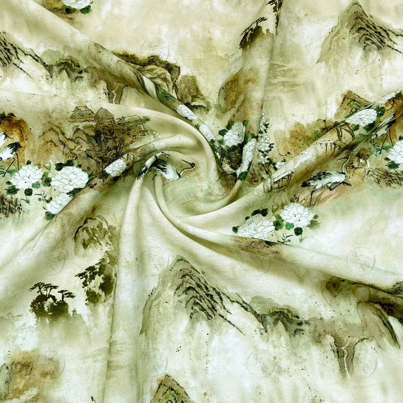 tissu brocart semi transparent paysage asiatique polyester 150cm large beige vert marron blanc fleuri