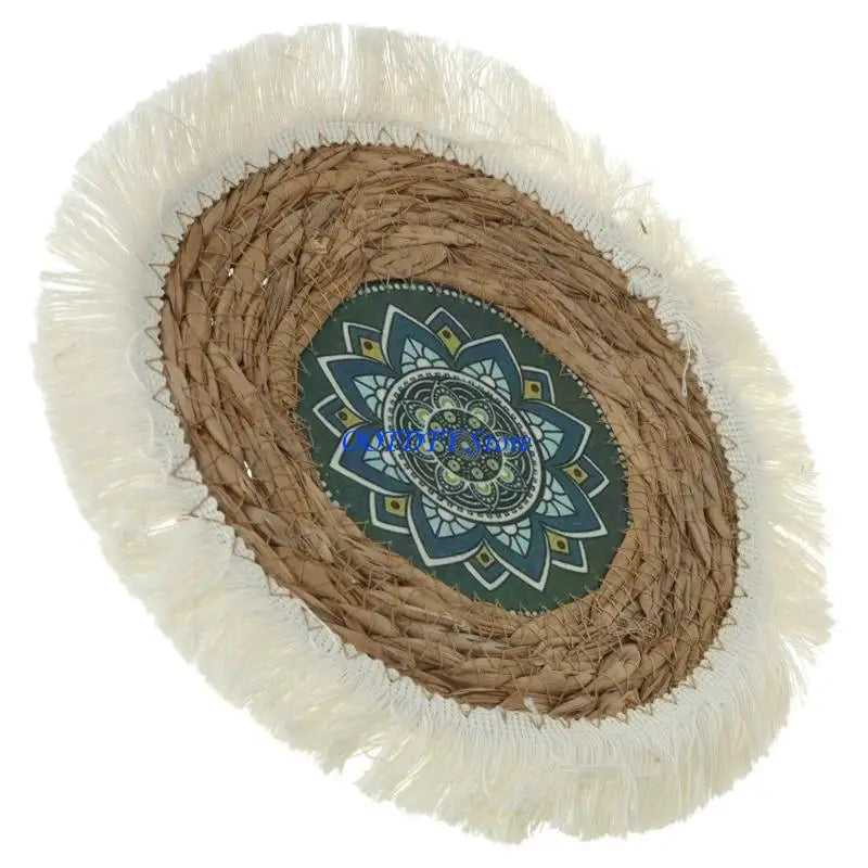 assiettes paille naturel beige vert clair tissage traditionnel franges blanches rustique boho chic