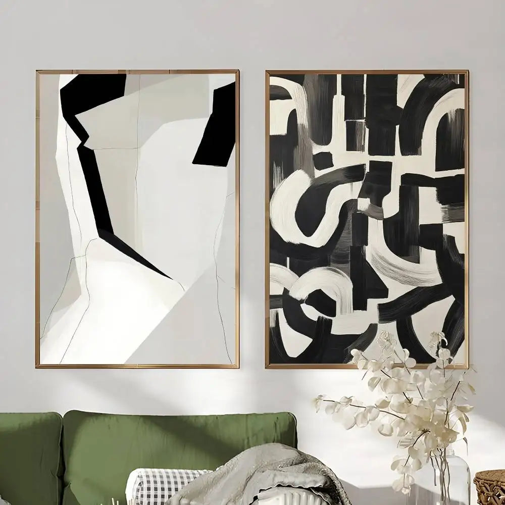 affiche art abstrait contemporain minimaliste noir blanc gris clair composition géométrique ligne simple courbe