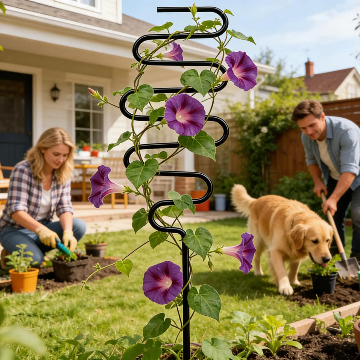 treillis métal noir spirale moderne support plantes grimpantes jardin extérieur ornemental lierre fleurs