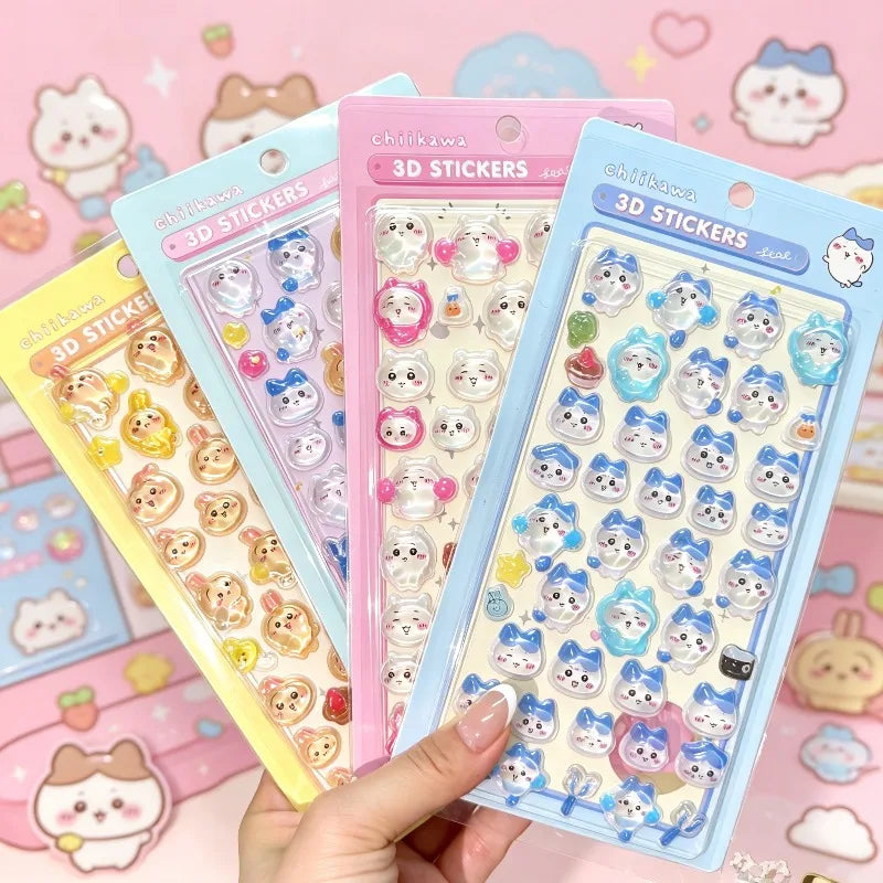 sticker 3d kawaii dessins animés chats lapins adhésif collection bleu rose jaune blanc