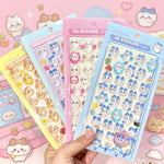 sticker 3d kawaii dessins animés chats lapins adhésif collection bleu rose jaune blanc
