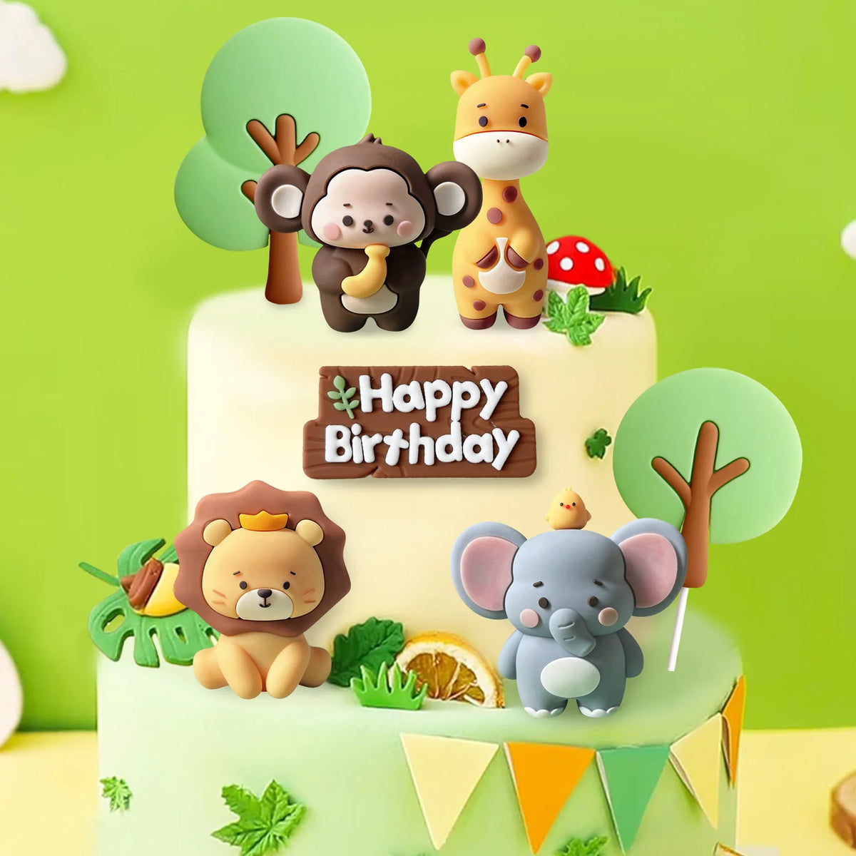 figurines gâteau animaux cartoon happy birthday lion girafe éléphant oiseau arbre tringles festives enfants