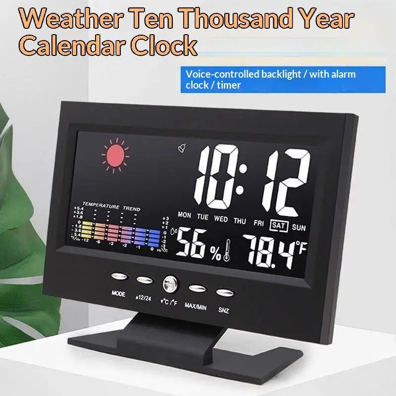 horloge météo multifonctionnelle noire affichage heure température humidité calendrier météo date confort moderne