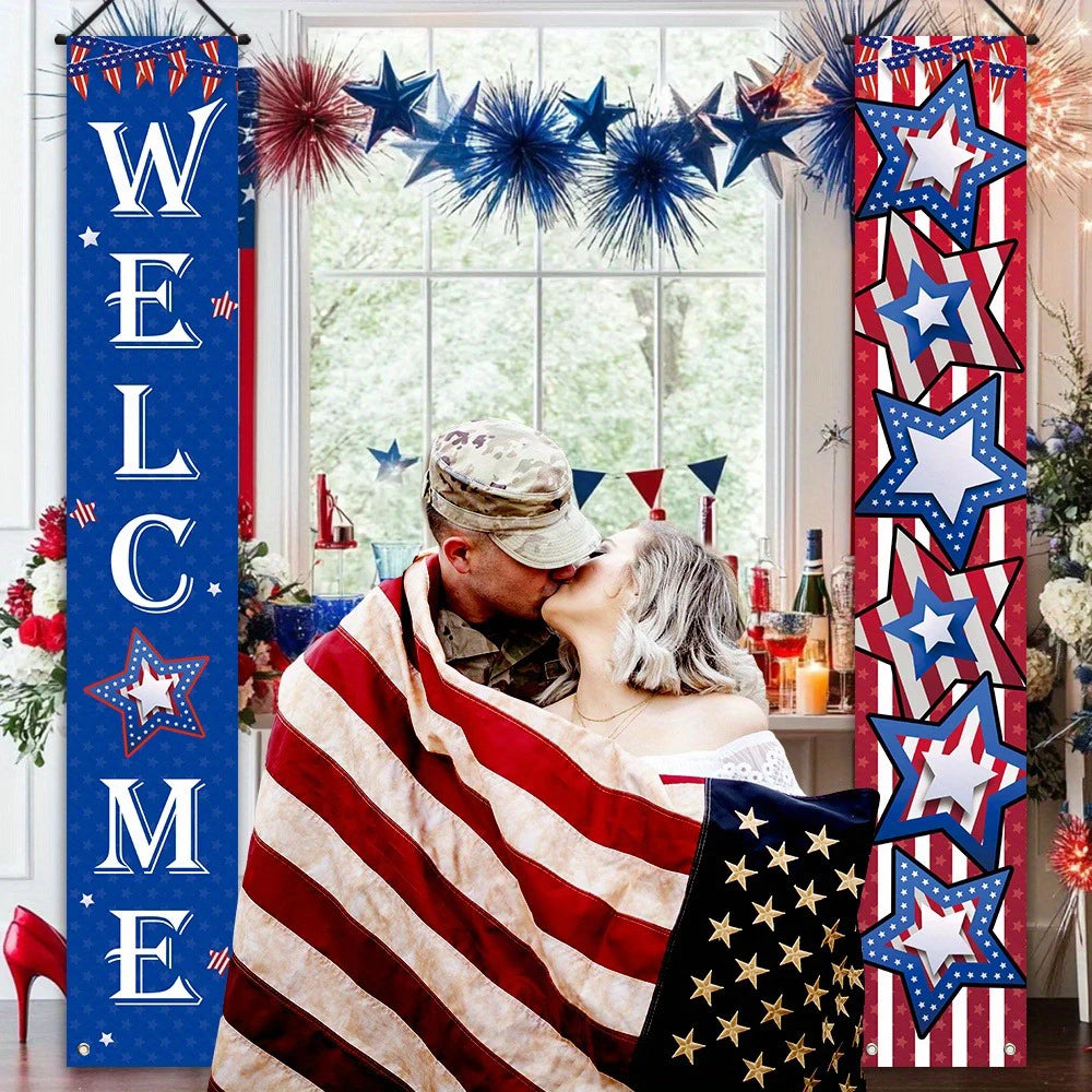 bannière décorative étoiles américaines welcome bleu blanc rouge fête anniversaire clips polyester 180cm