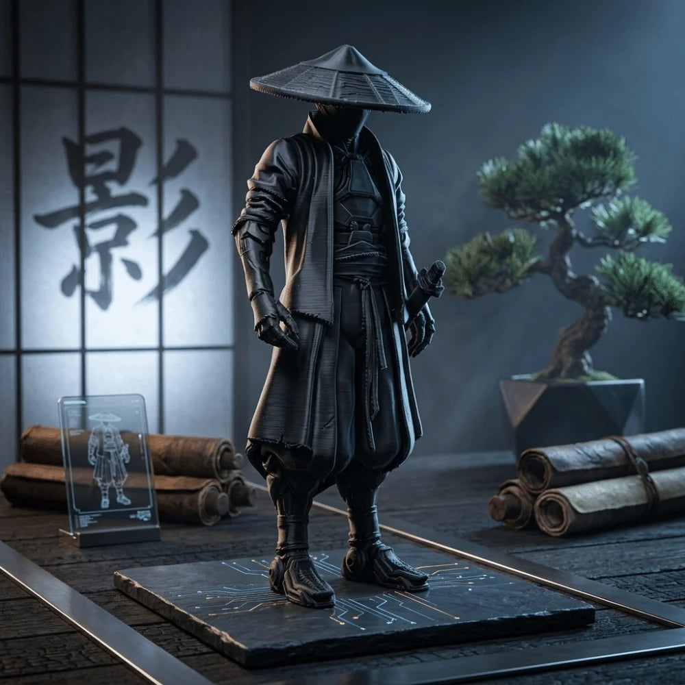 statue ninja noire texturée traditionnelle japonaise katana décoration intérieure erotique samuraï guerrier