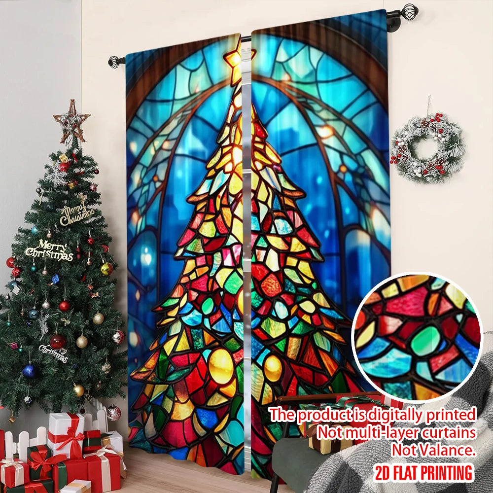 rideau multicolore arbre noël motifs géométriques moderne opacité polyester deux panneaux