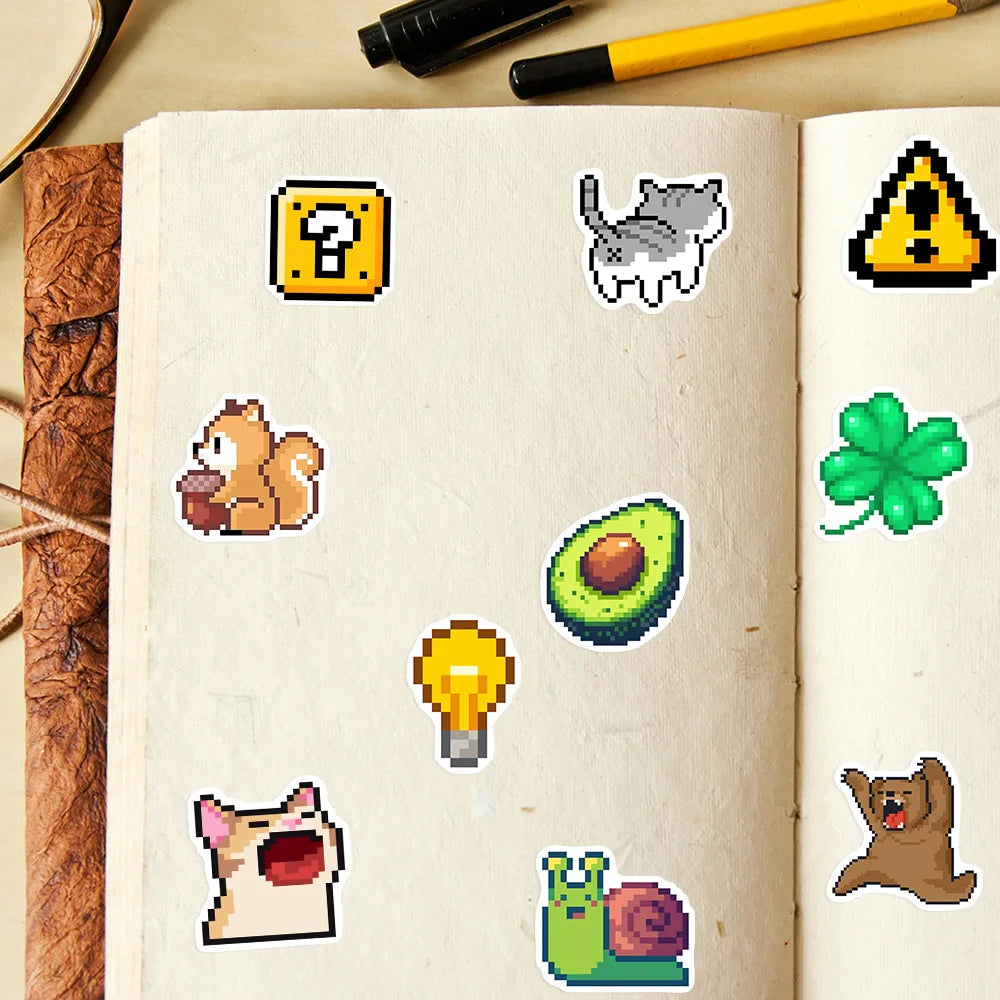 Stickers vinyle imperméables pixel art animaux multicolores adhésifs usage unique adultes adolescents