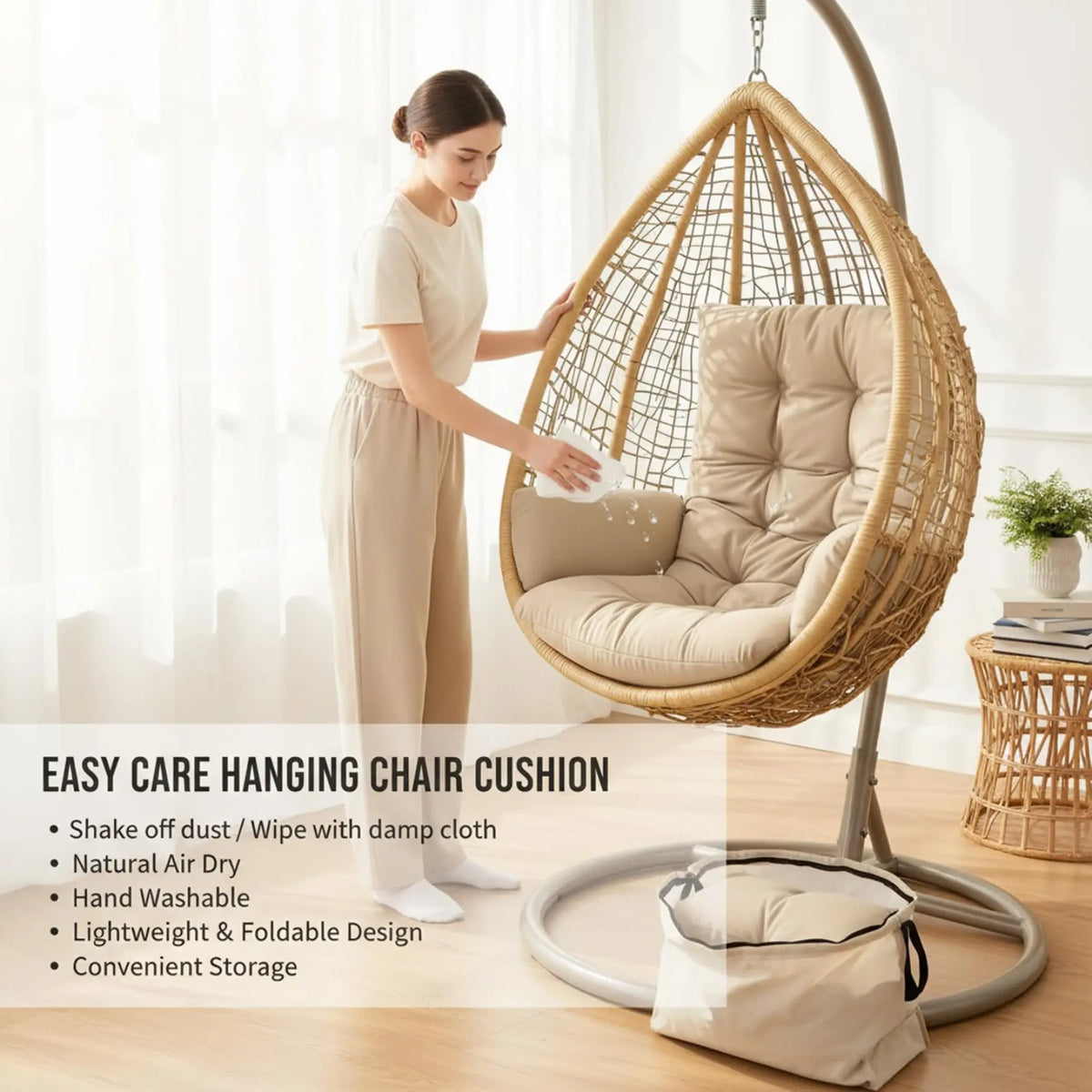 coussin chaise suspendue beige clair texture tissée boutons moderne imperméable coton fauteuil
