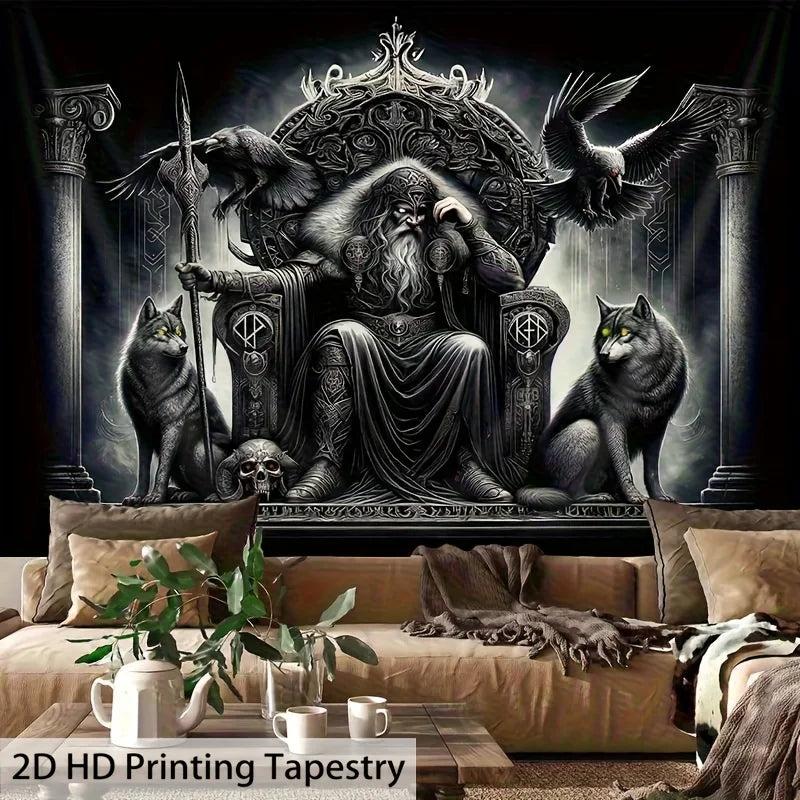 tapisserie gothique viking roi barbu loups corbeau crâne colonnes antiques noir gris blanc salon