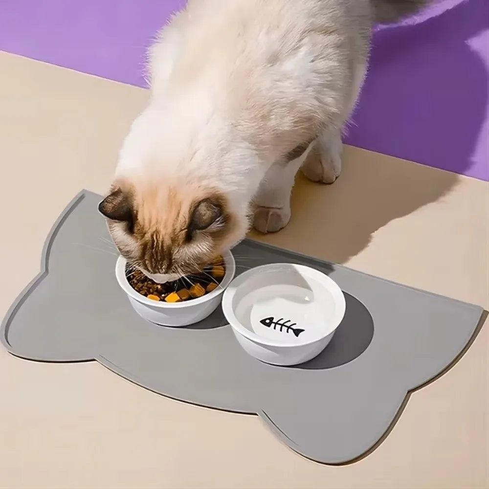 tapis repas animaux compagnie gris bleu orange rose moderne imperméable caoutchouc bols easy clean