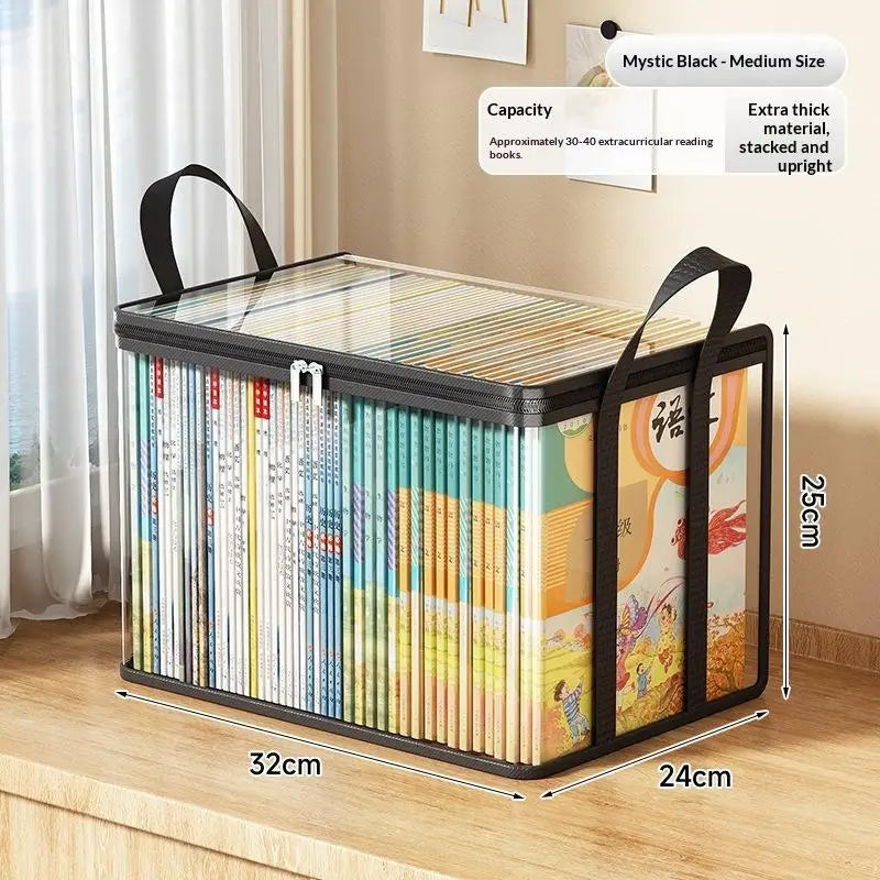 boîtes rangement livres transparentes noires modernes poignées fermeture glissière pratique maison étudiante