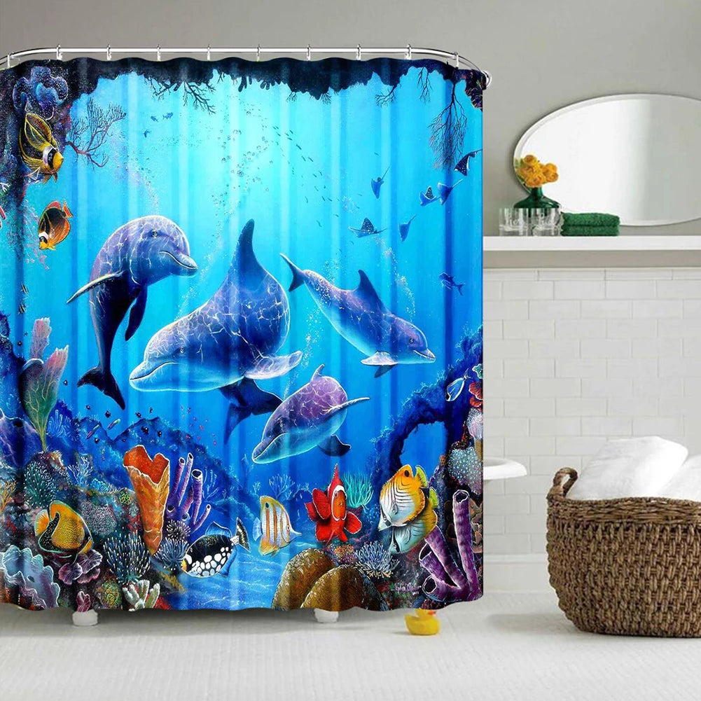 rideau douche dauphins sous marin polyester moderne 12 crochets poisson corail enfant océan bleu