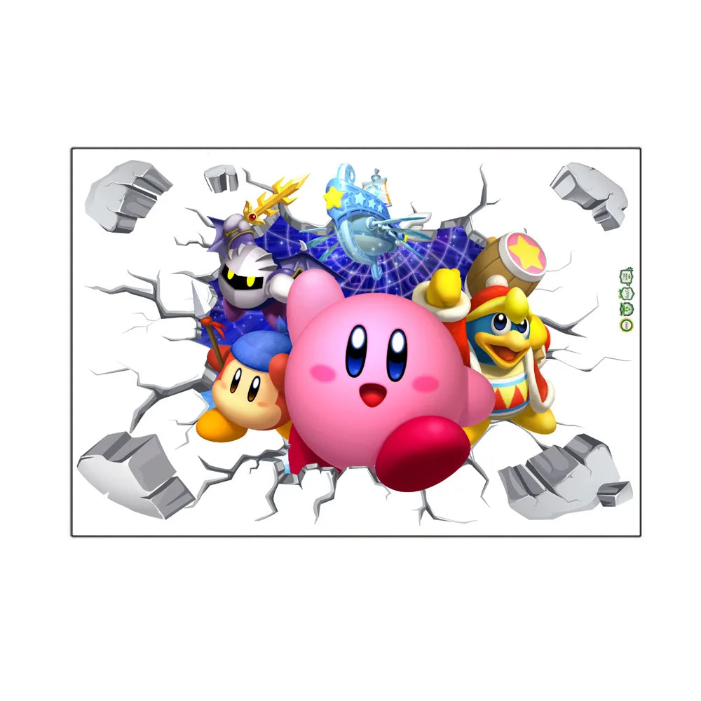 autocollant mural kirby personnages animés fond coloré cartoon 3d rose bleu blanc gris opacité