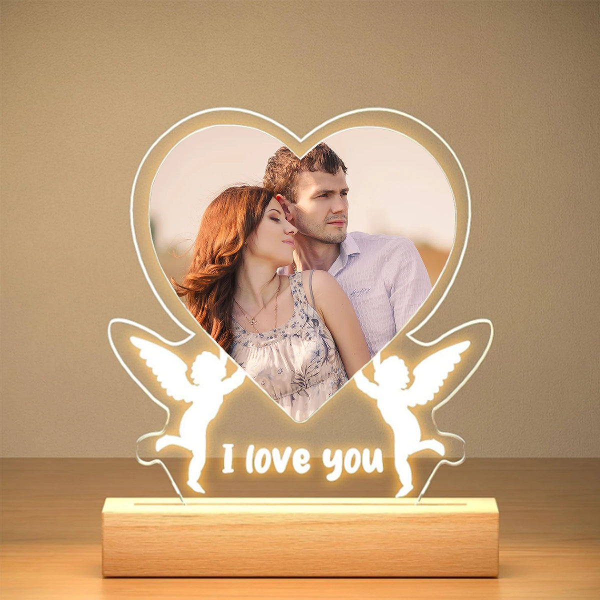 lampe led cœur personnalisable texte motifs mains anges veilleuse bois moderne déco blanc beige