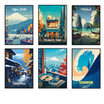 Une collection de six affiches de voyage vintage mettant en scène des destinations dans différents pays asiatiques, évoquant leurs paysages, architecture et scènes de vie typiques.