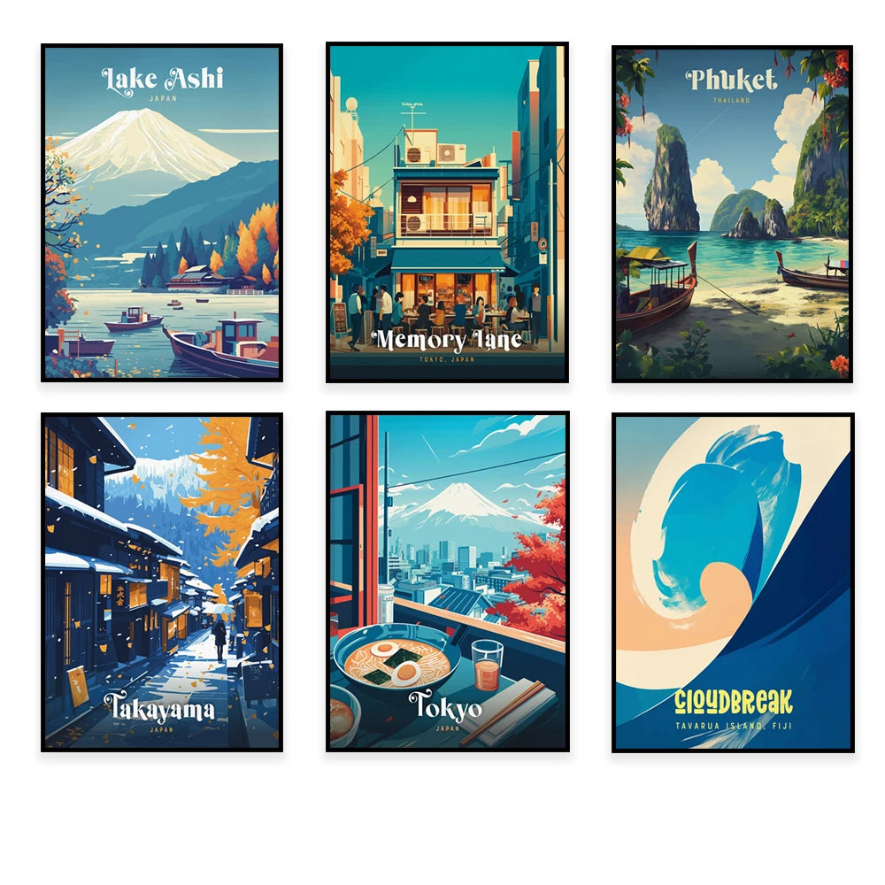Une collection de six affiches de voyage vintage mettant en scène des destinations dans différents pays asiatiques, évoquant leurs paysages, architecture et scènes de vie typiques.